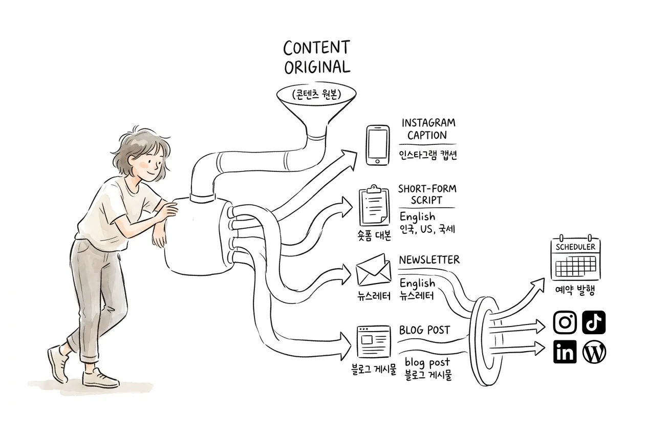 원본 콘텐츠 하나를 인스타 캡션·숏폼 대본·뉴스레터·블로그 등 여러 형식으로 자동 변환·재활용하는 파이프라인