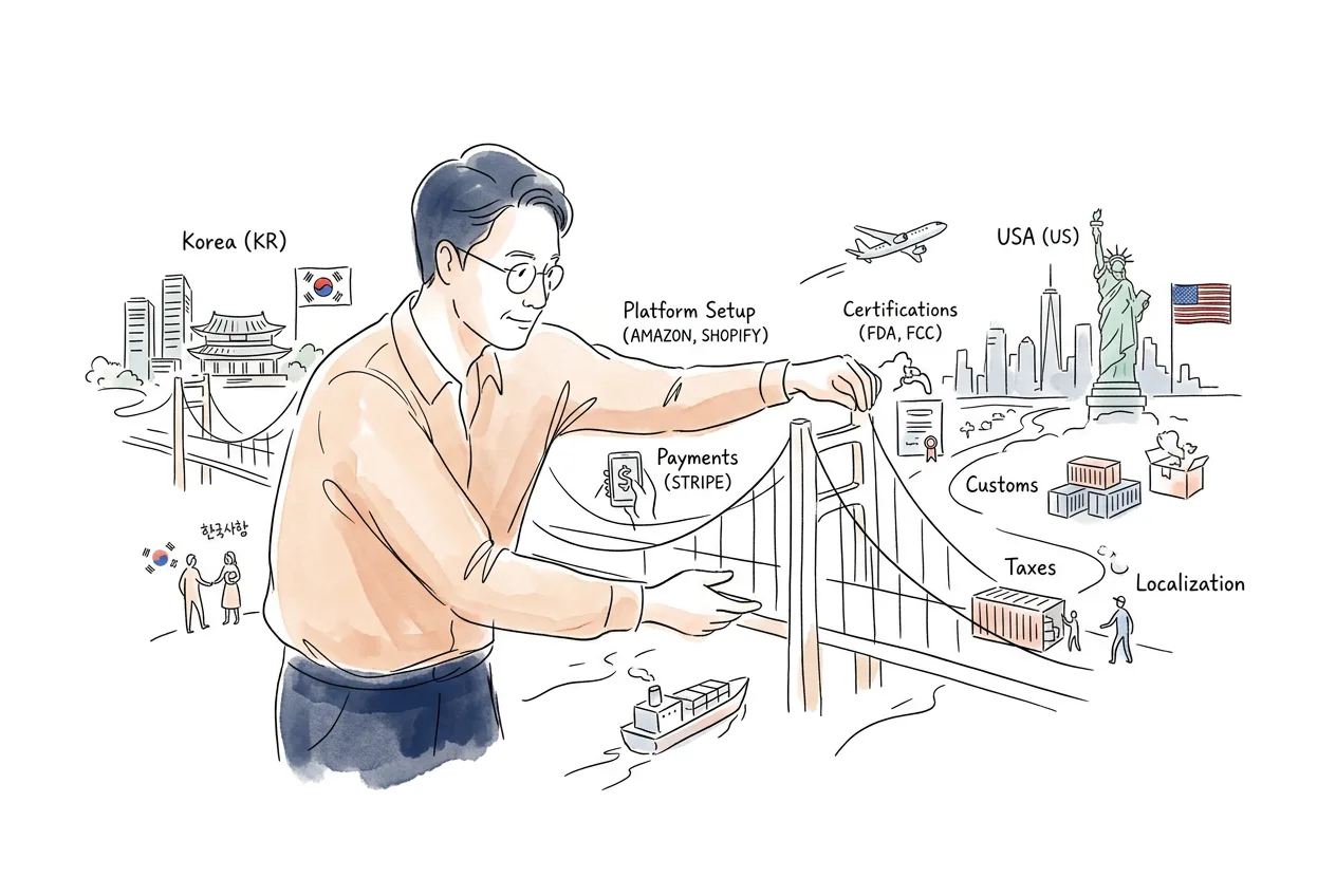 한 사람이 한국과 미국을 잇는 다리 위에서, 플랫폼·결제·인증·통관·세금·현지화를 갖춰 양방향 크로스보더 진출을 설계하는 모습