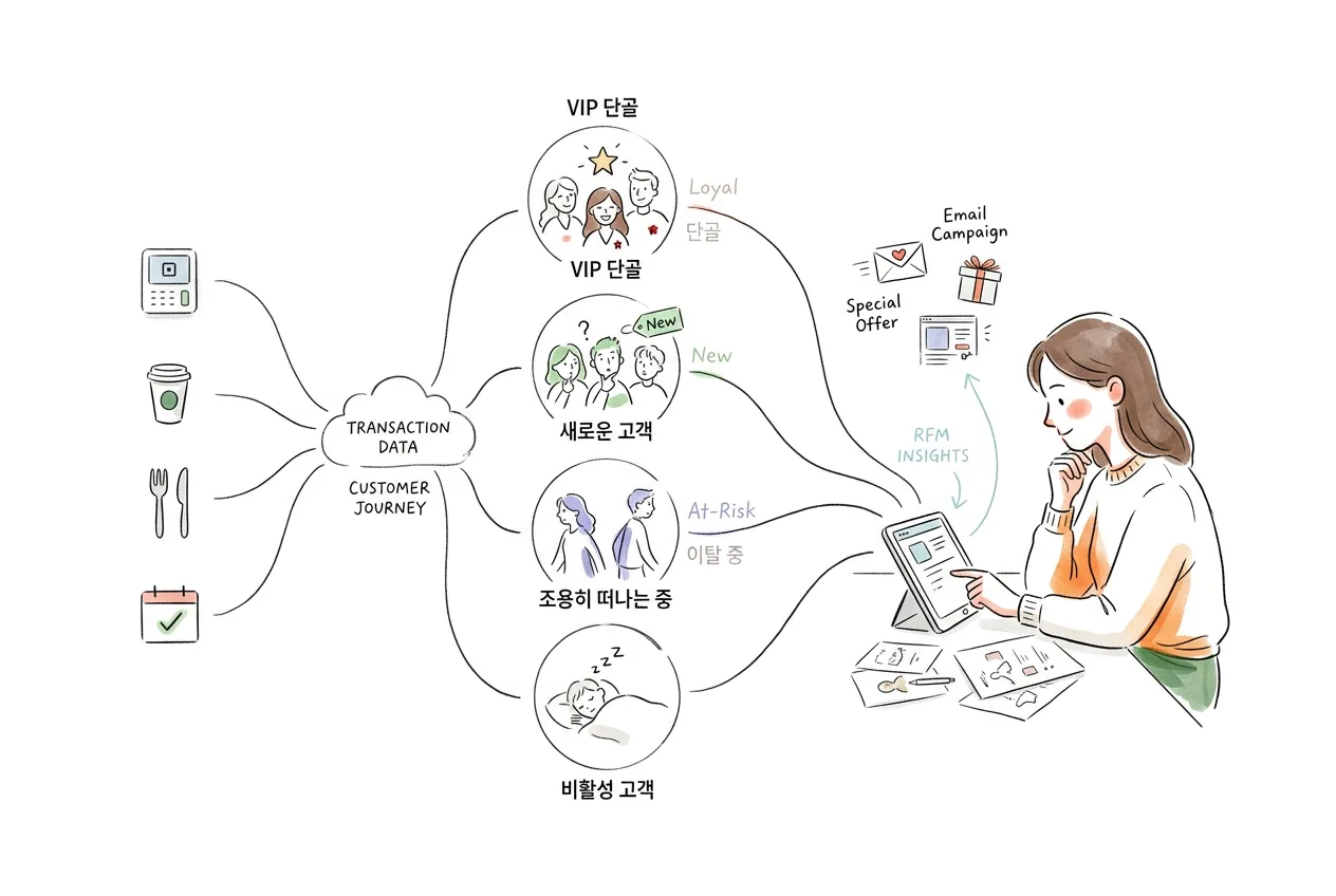 거래·방문 데이터를 VIP 단골·신규·이탈 위험 등 세그먼트로 나눠(RFM) 누구에게 무엇을 할지 보여 주는 고객 분석