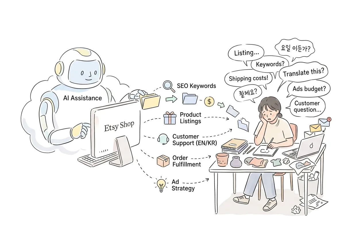 Etsy 샵 운영(리스팅·키워드·이중언어 고객 응대·주문 처리·광고)을 AI의 도움으로 대신 맡아, 셀러의 영어·키워드 부담을 더는 모습