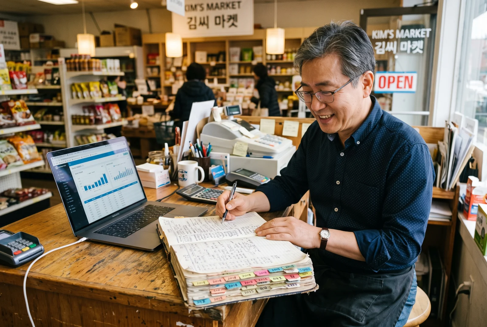 한인 마켓 오너가 연도별 색인 탭이 붙은 두꺼운 장부에 기록하고, 옆 노트북에는 우상향 매출 그래프가 떠 있는 모습