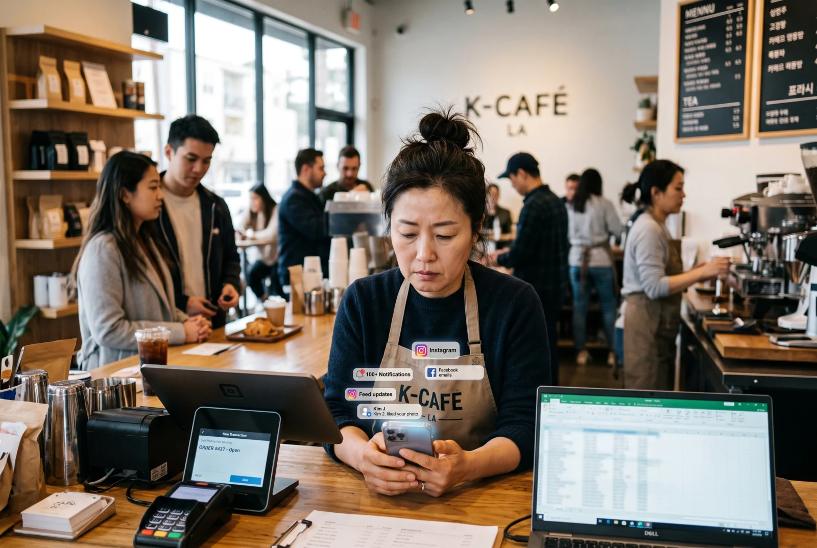 붐비는 카페 카운터에서 손님이 기다리는데 스마트폰 알림에 빠져 있는 한인 카페 오너, 주변에 SNS 알림이 떠 있는 모습