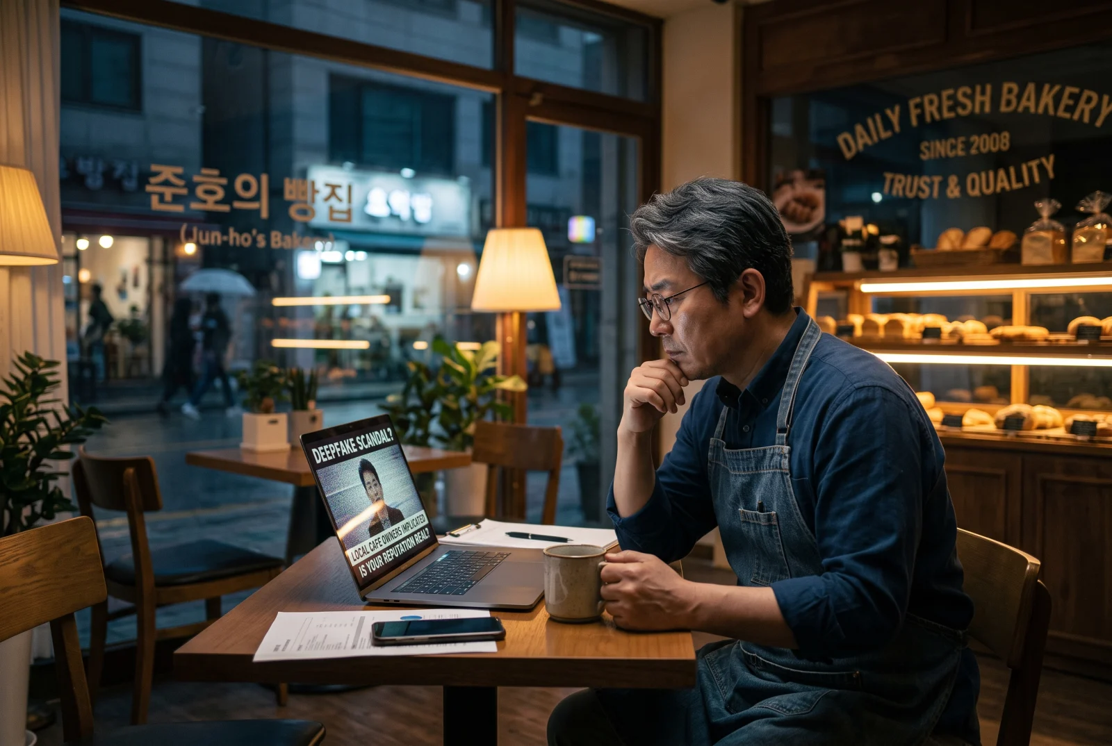 저녁 무렵 자신의 빵집에 앉아 노트북으로 딥페이크 관련 뉴스를 보며 근심에 잠긴 한인 소상공인