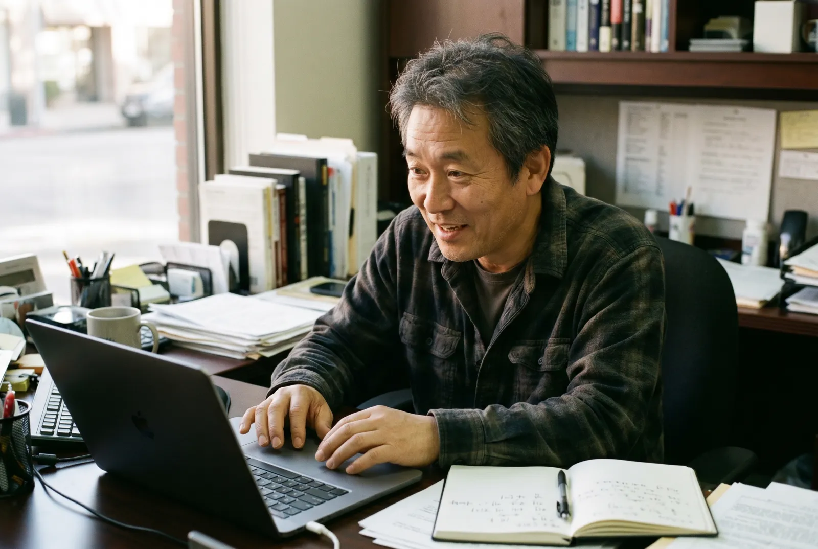 한인 비즈니스 오너이 사무실에서 노트북으로 새로운 AI 도구를 살펴보며 흥미로워하는 모습