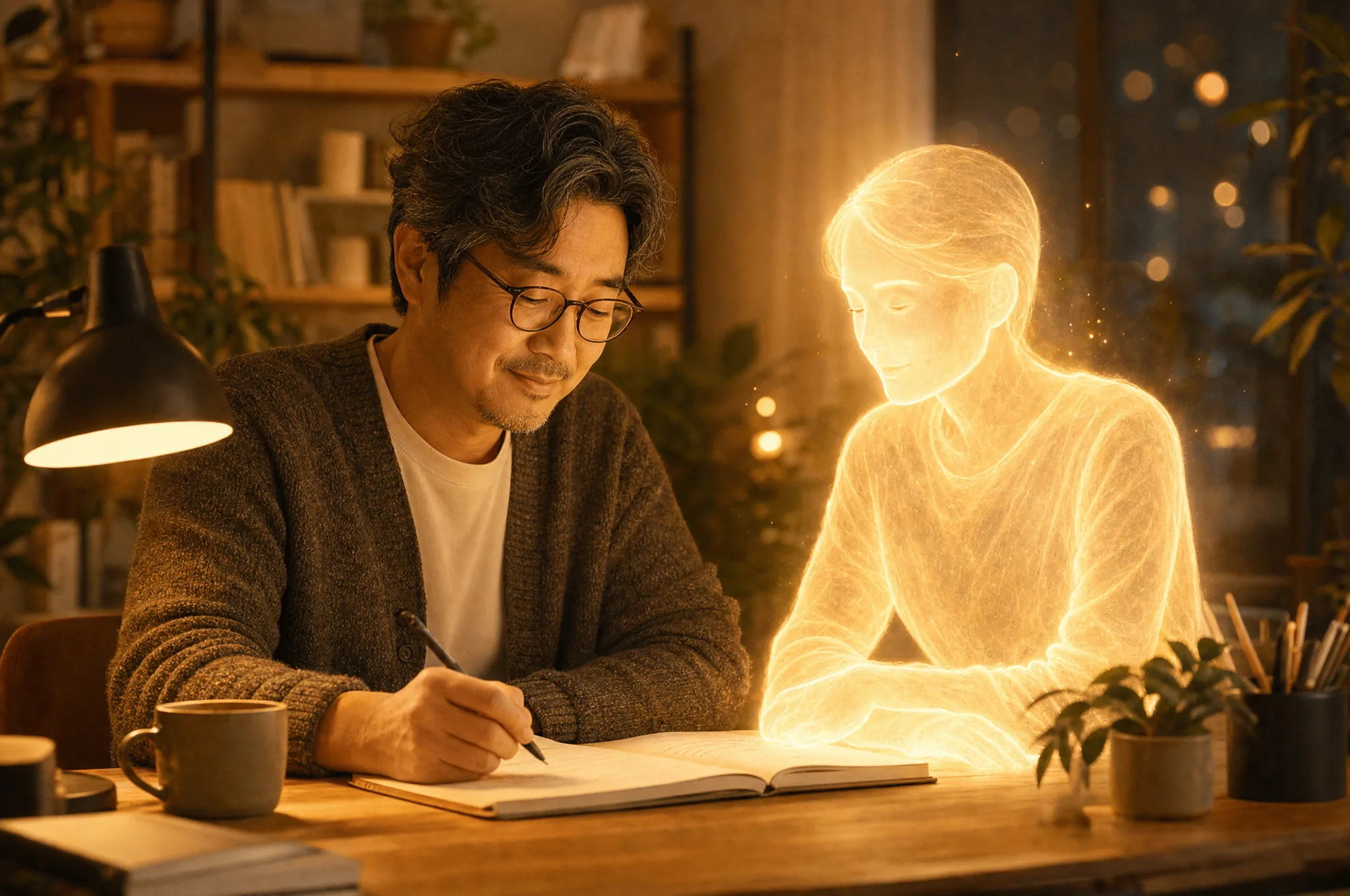 따뜻한 저녁빛 서재에서 노트에 무언가를 적는 한인 남성 곁에, 빛으로 이루어진 동반자가 나란히 앉아 함께 일하는 모습