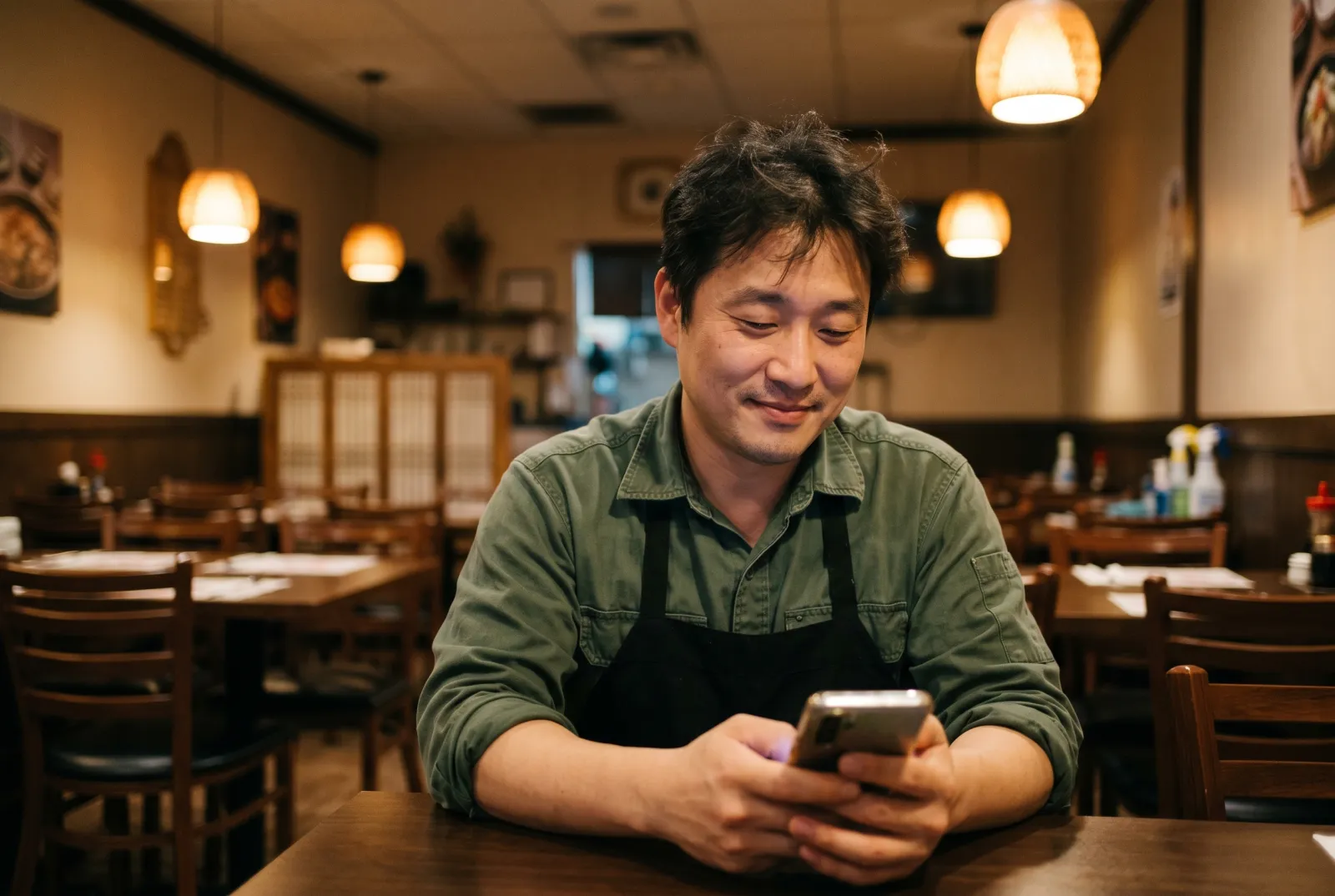 영업이 끝난 저녁, 한인 식당 사장이 휴대폰으로 들어온 예약을 보며 흐뭇해하는 모습