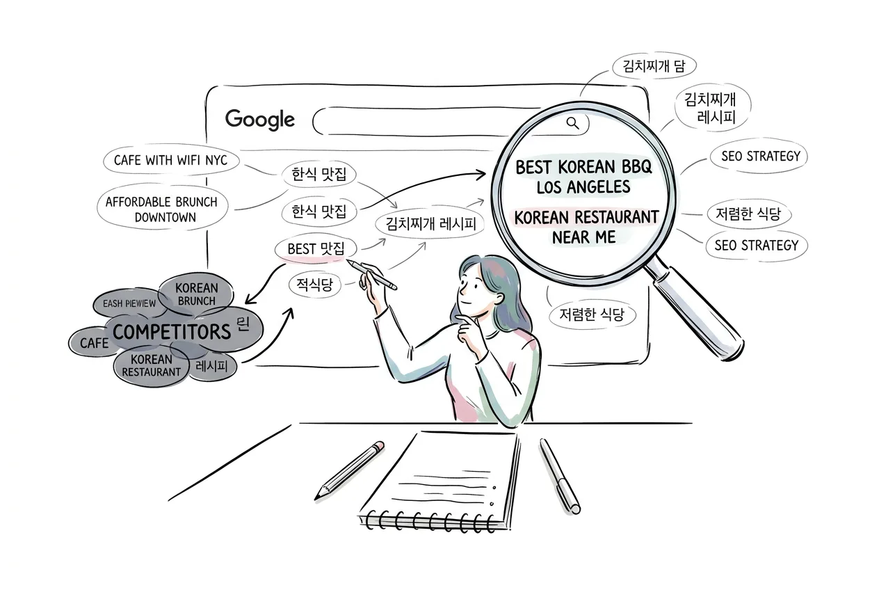 한 사람이 구글 검색창을 가리키고, 한국어·영어 검색 키워드와 경쟁사·SEO 전략이 거미줄처럼 뻗어 나가는 모습