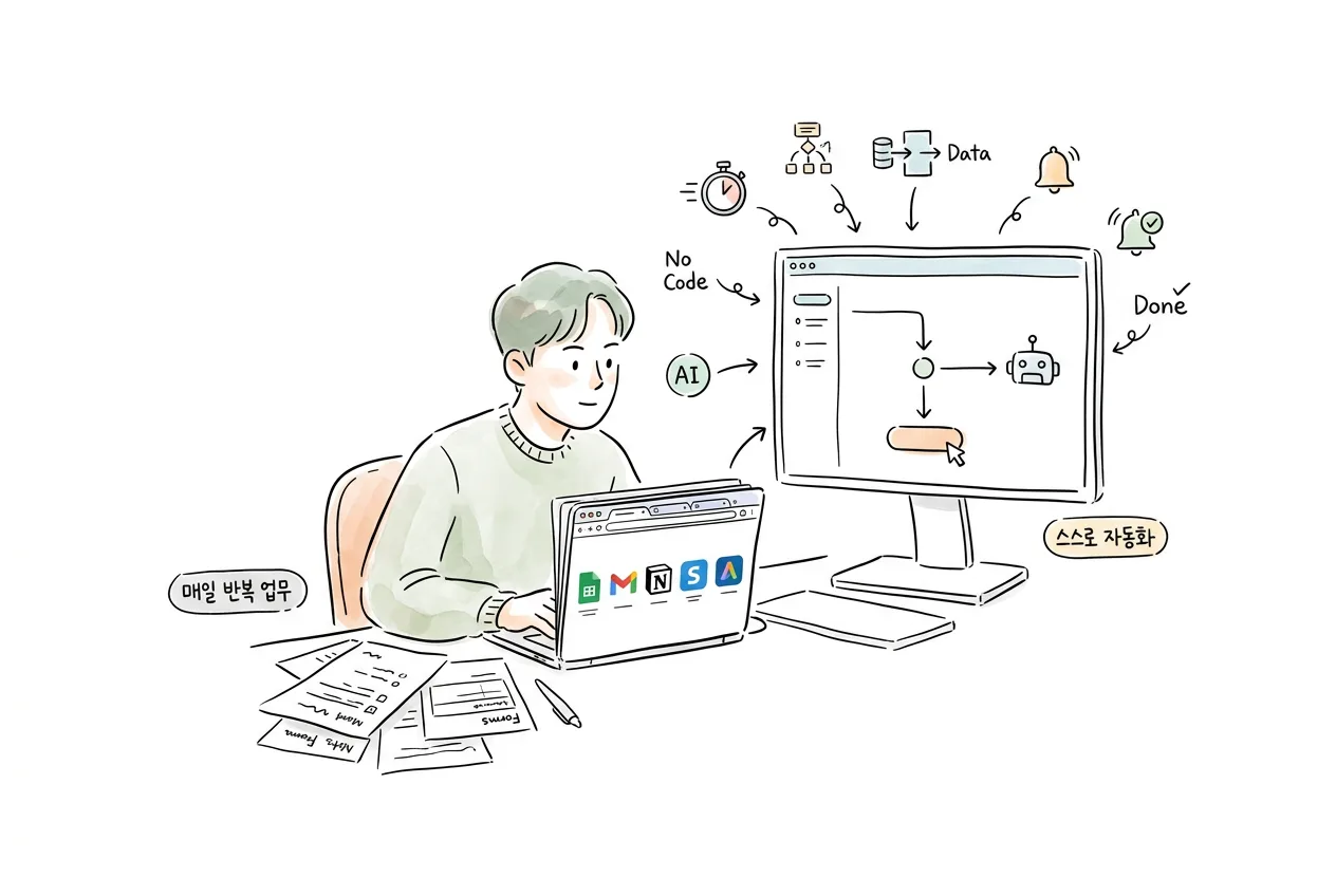 반복 업무를 코딩 없이 AI·노코드 도구로 직접 자동화로 바꿔 보는 실습 모습