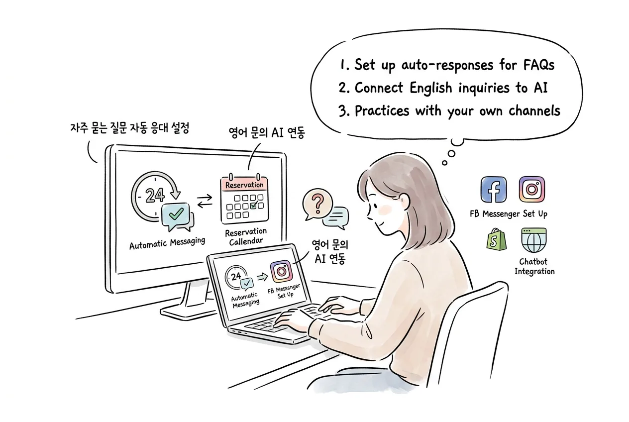자주 묻는 질문 자동 응대와 영어 문의 AI 처리를 자기 비즈니스 채널로 직접 세팅하는 법을 실습하는 모습