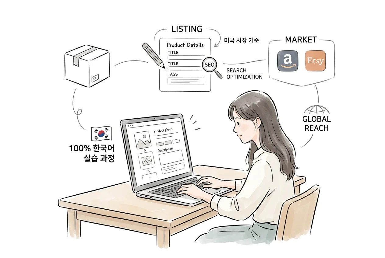 상품 리스팅·상세·마켓 노출을 미국 시장 기준으로 직접 최적화하는 법을 100% 한국어로 실습하는 모습