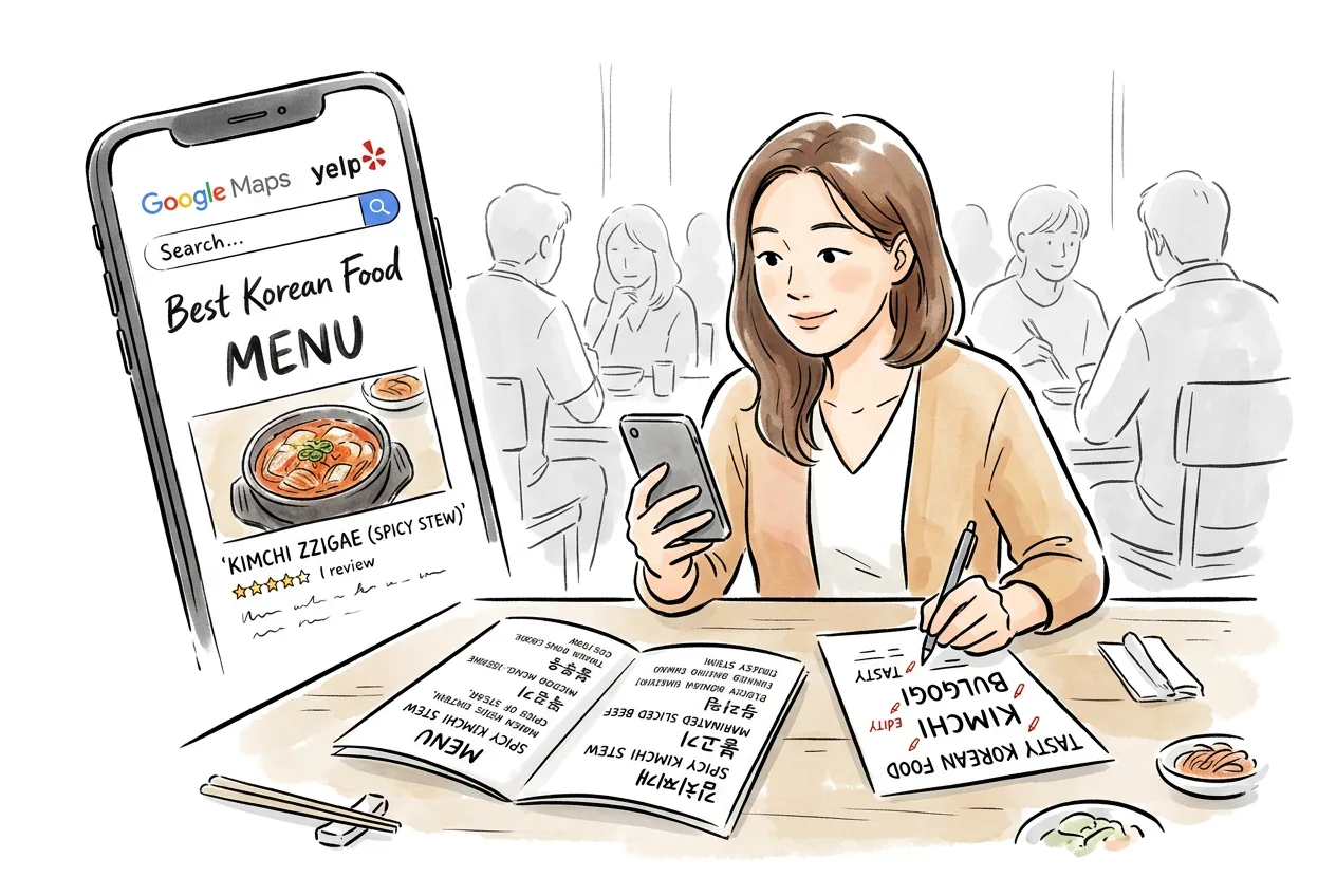 한 손님이 휴대폰으로 구글 지도의 한식 메뉴를 보는 가운데, 테이블에 한국어·영어로 번역된 메뉴판이 펼쳐져 있는 모습