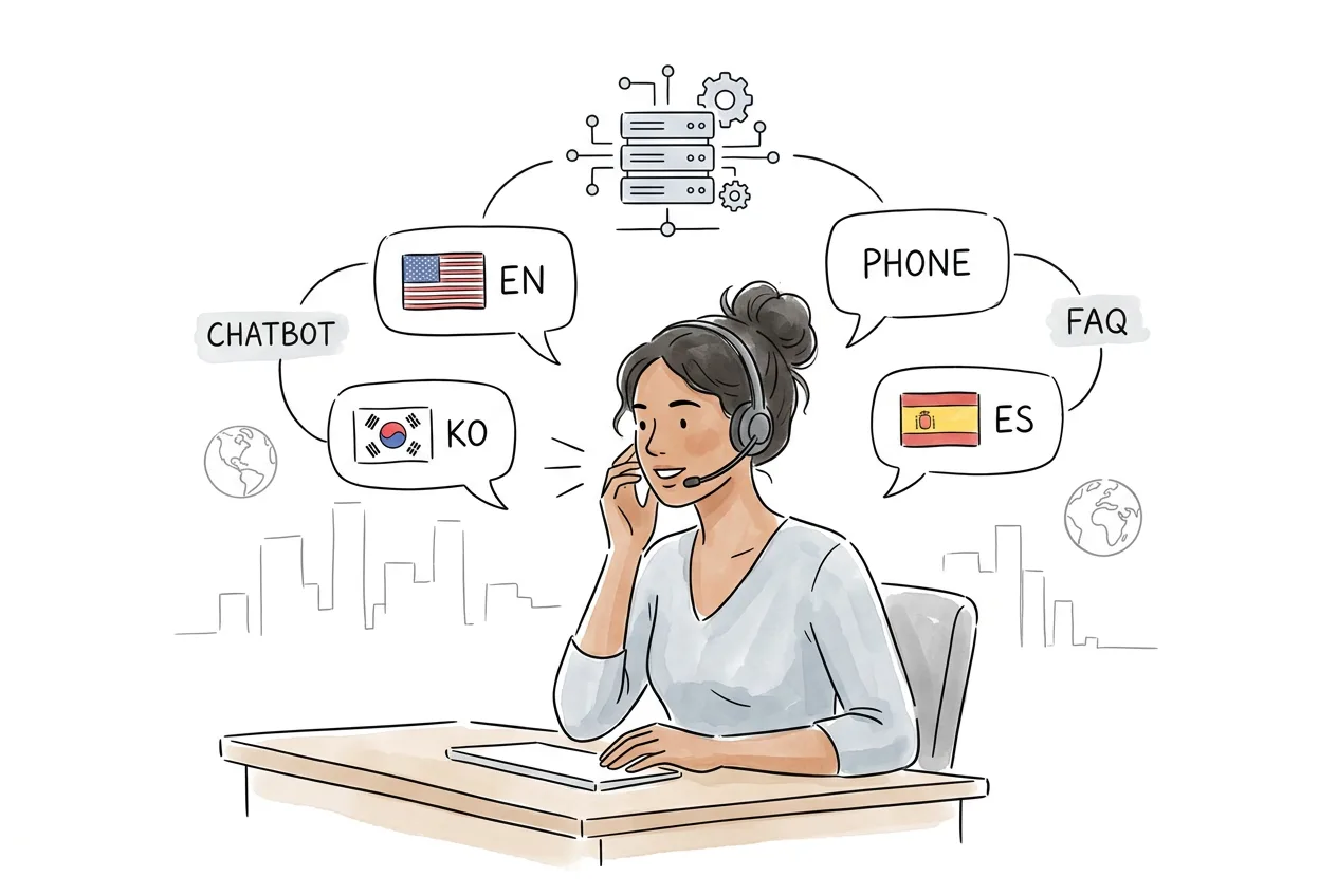 헤드셋을 쓴 응대 담당이 한국어·영어·스페인어 등 여러 언어로 들어오는 문의를 챗봇·전화·FAQ 채널에서 각 손님의 언어로 응대하는 모습