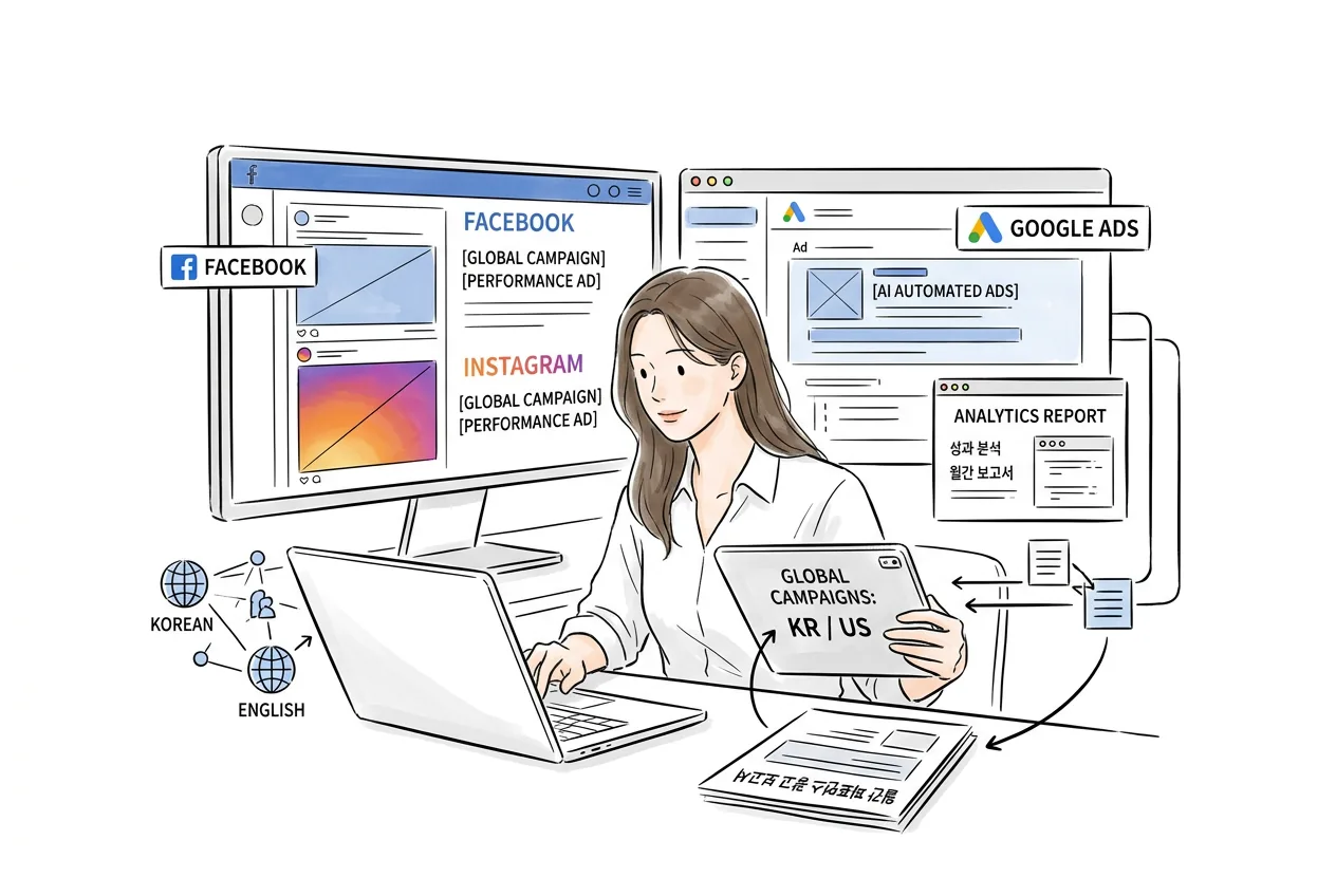 한 사람이 페이스북·인스타그램·구글 광고 캠페인 화면과 성과 리포트를 보며, 한·미 양쪽을 겨냥한 광고를 운영하는 모습