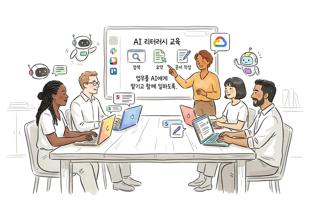 직원 팀이 강사와 함께 자기 업무에 AI를 쓰는 법을 배우는 사내 리터러시 교육 모습